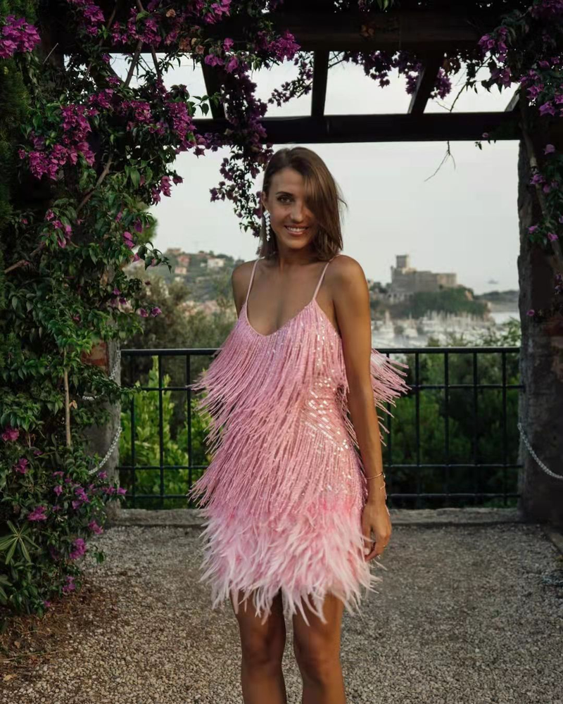 Damenbekleidung Quaste Pailletten Feder Nähte Kleid Farbe Kleid_voghion.com