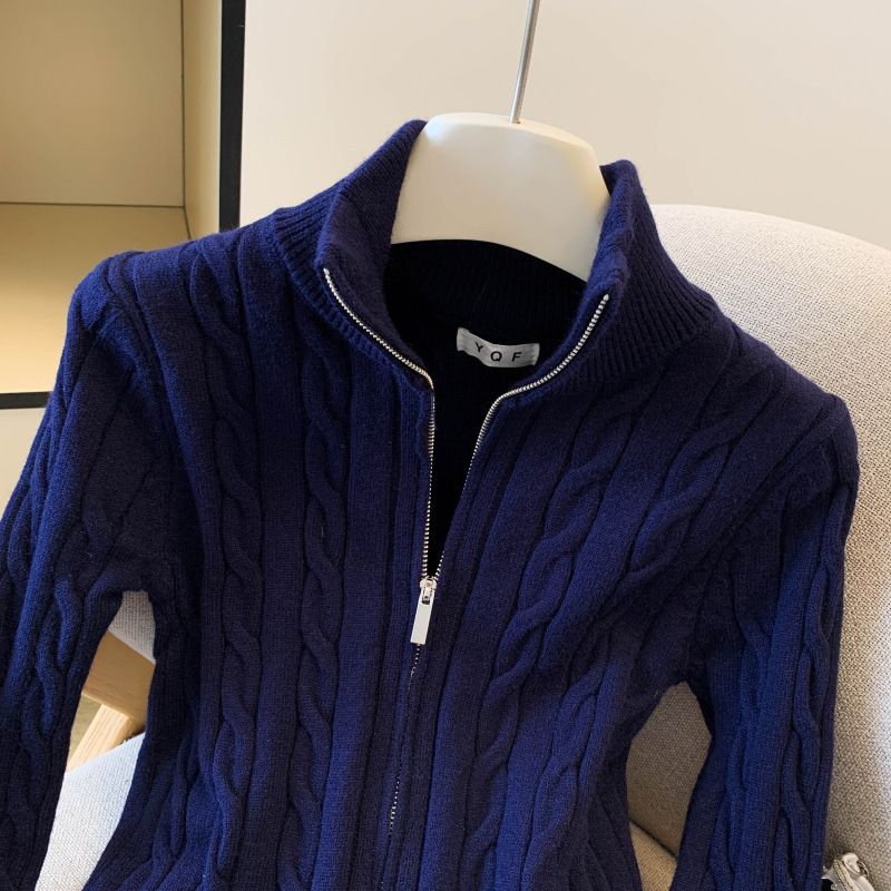 Cardigan in maglia con cerniera frontale – Maglione corto con collo alto (beige/grigio/blu/nero) | Un capo essenziale per uno stile moderno e disinvolto_voghion.com