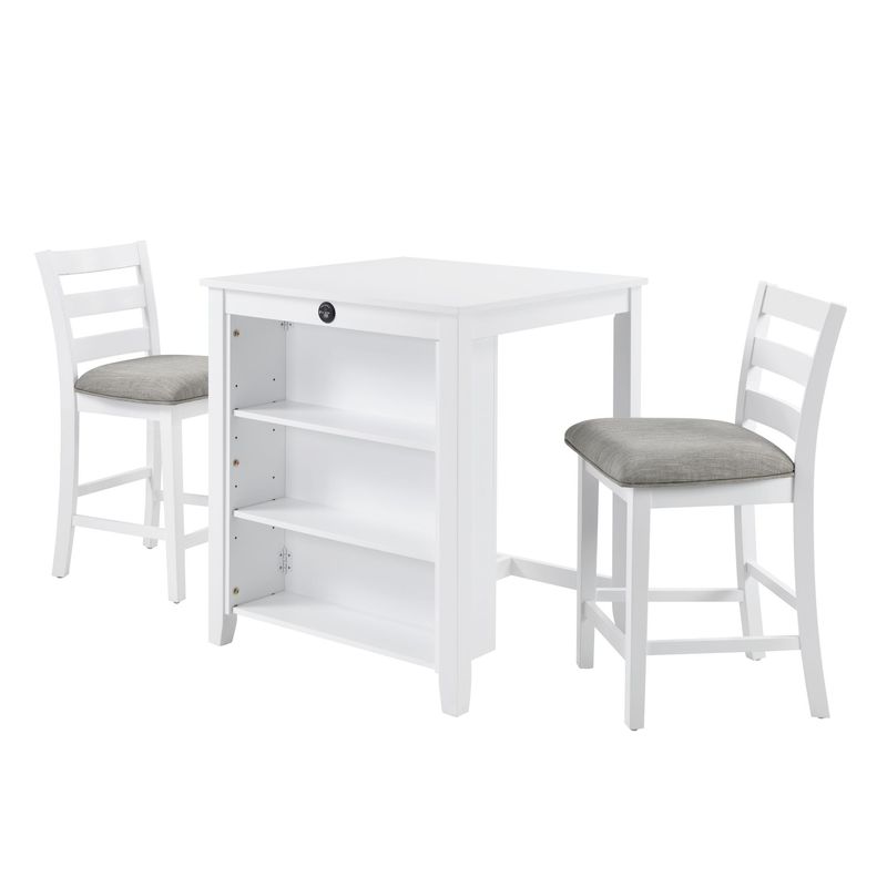 36" Modern Dining Table Set For 2 With Charging Station & 3-Tier Adjustable Storage | Space-Saving Kitchen Set With Upholstered Chairs For Small Spaces, Apartment,White_voghion.com