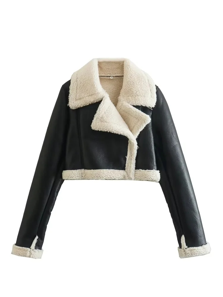 KLKXMYT TRAF kobiety 2023 moda gruby ciepły sztuczny shearling krótka kurtka płaszcz Vintage z długim rękawem zamek damska odzież wierzchnia_voghion.com