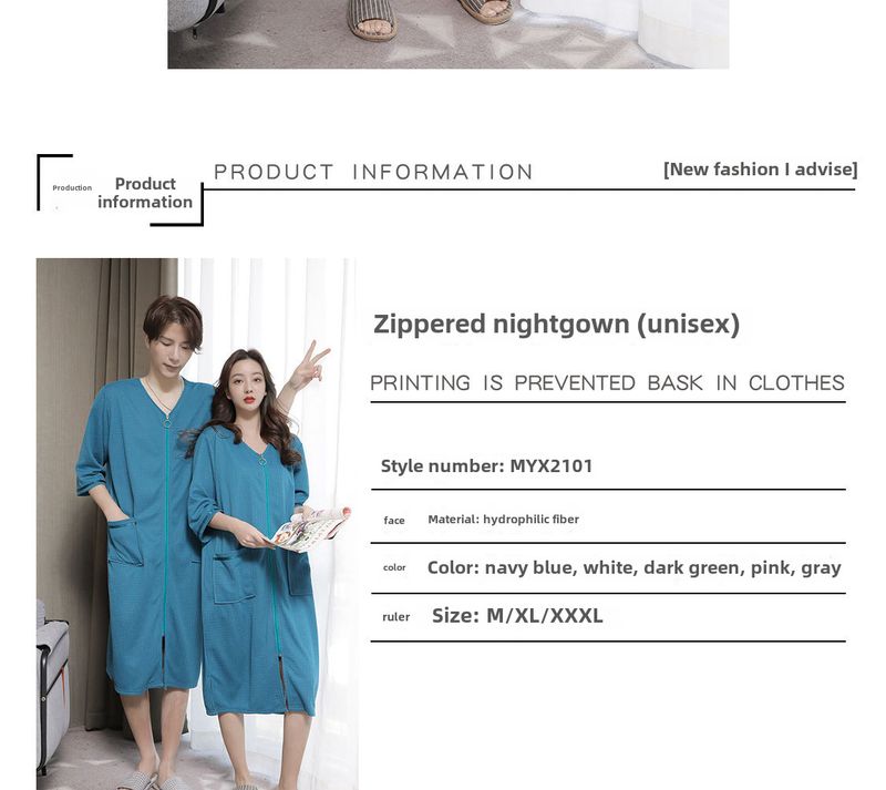 2023 New Waffle Zipper Nightgown Unisex Thin Home Wear Plus Size Pajamas 200 Jin_voghion.com