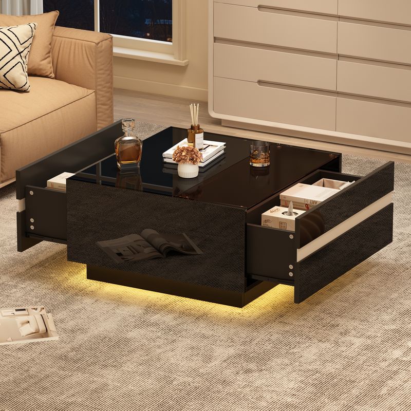 Table basse carrée 70 x 70 x 36 cm avec LED, table de salon haute brillance avec 2 tiroirs, table d'appoint avec plateau en verre trempé, table basse au design géométrique_voghion.com