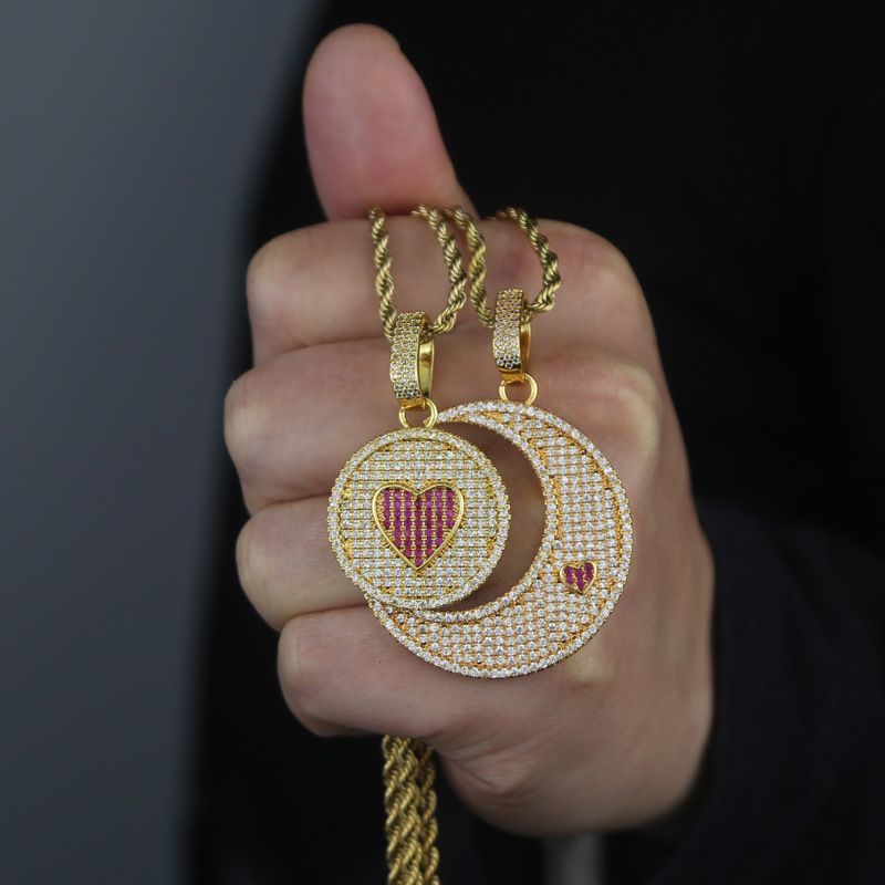 Herrenschmuck Zirkon eingelegte Liebe Sonne Mond Halskette Paar Hip Hop Anhänger 520 Valentinstag Geschenk_voghion.com