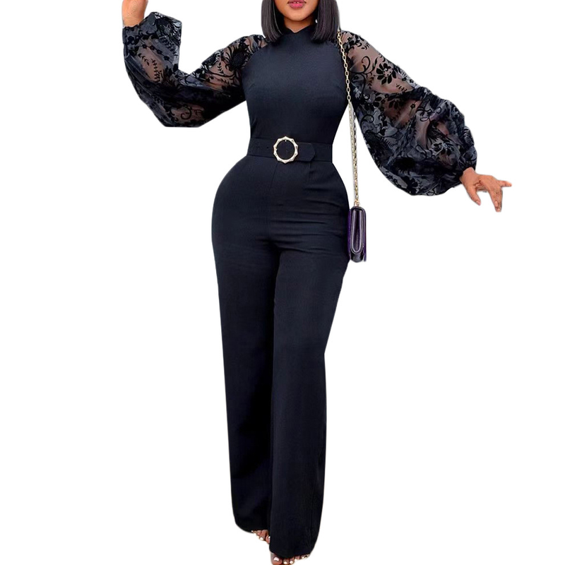 Women's Clothing Free Belt Stand Collar Mesh Lantern Sleeves Slim Large Size Women's African Wide Leg Jumpsuits_voghion.com