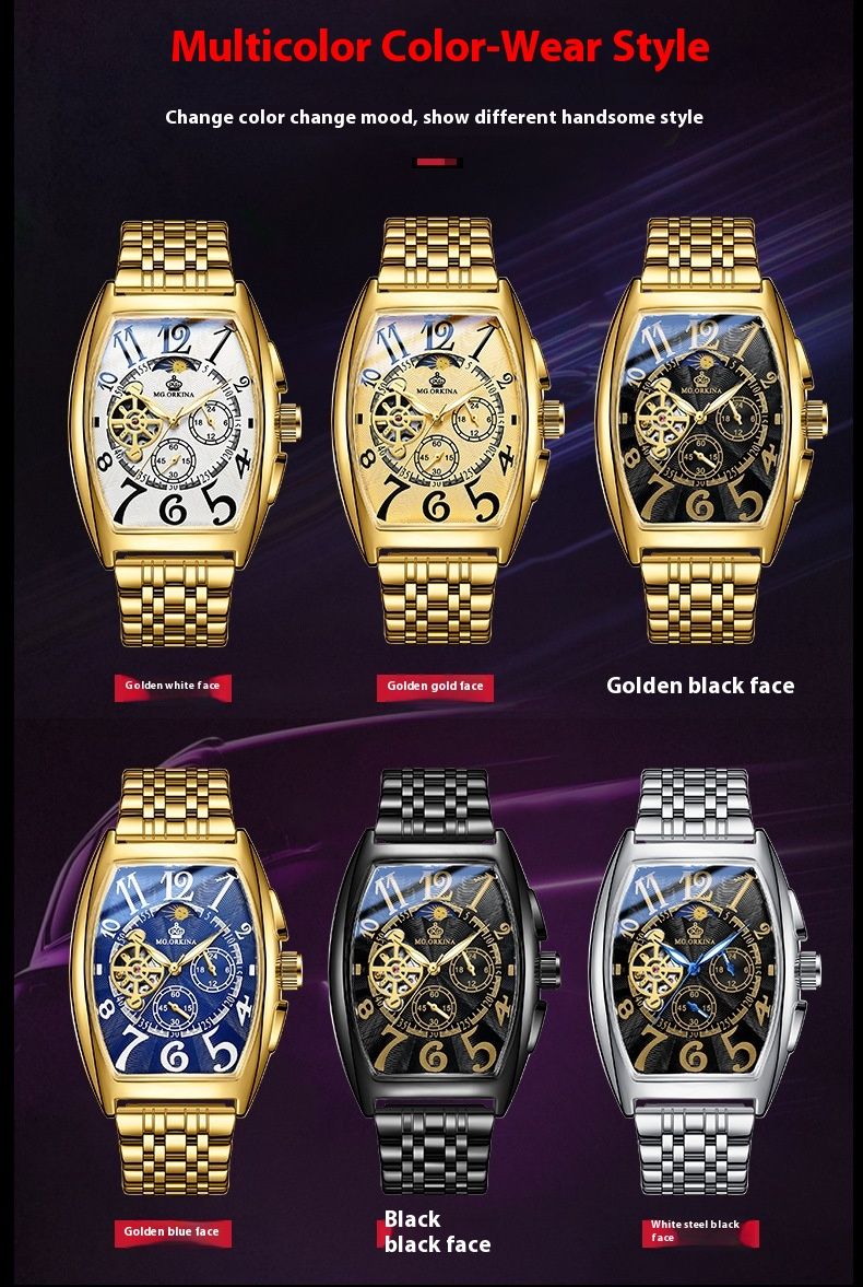 New light luxury tonneau exquisite type waterproof skeleton fashion personality hundred automatic mechanical watch men_voghion.com