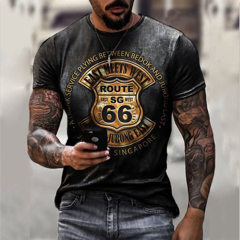 T-shirt da uomo girocollo casual alla moda stampata in 3D della nuova serie Route 66 estiva 2022_voghion.com