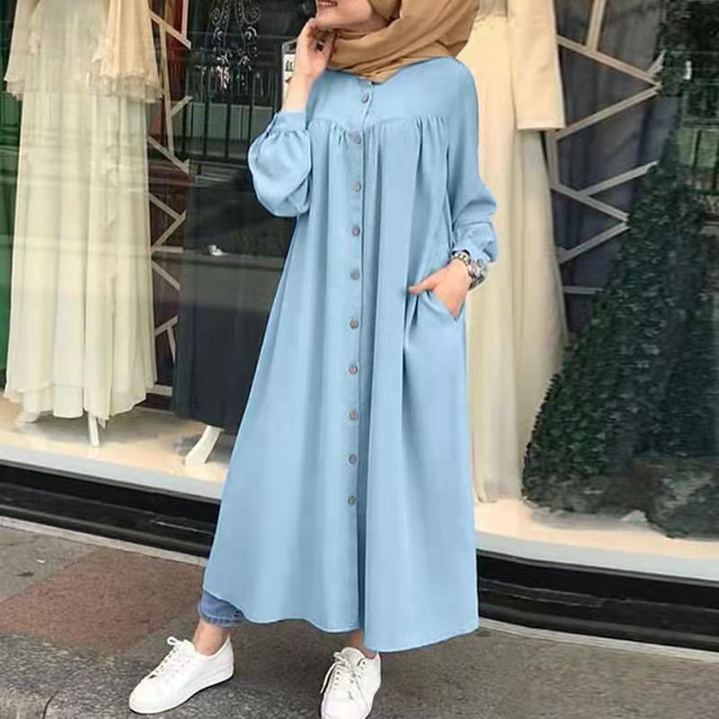 Damenkleid, einfarbig, Langarm, Tasche, Button-Down-Hemdkleid, lässige Robe_voghion.com