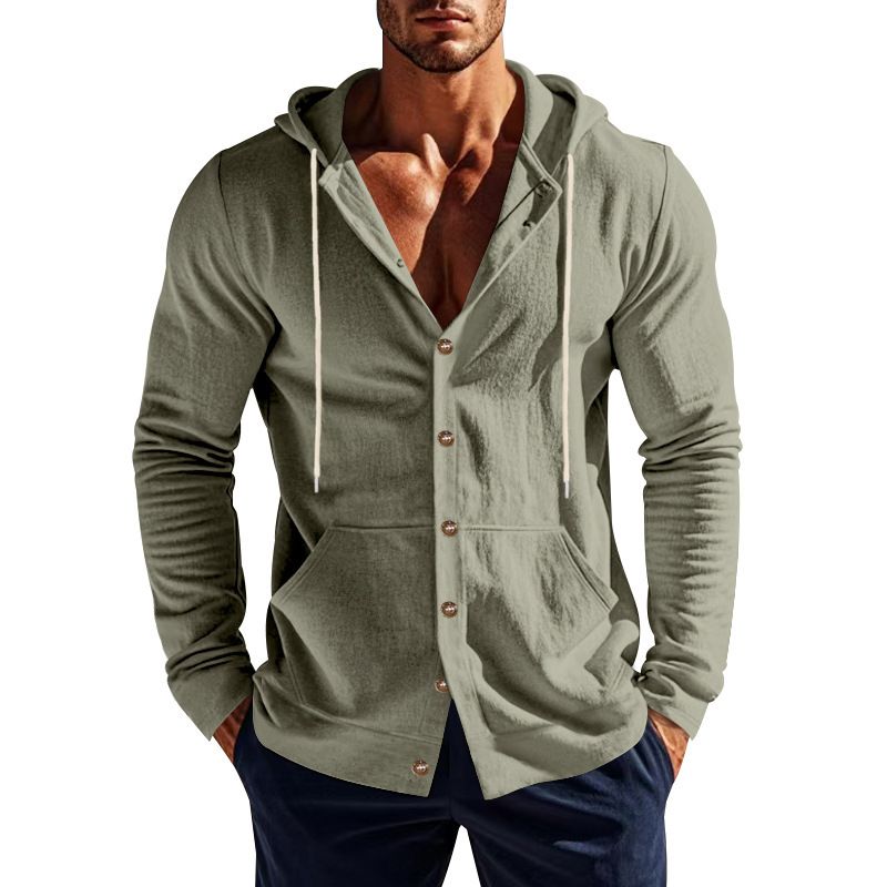 Spring And Autumn American Loose Men's Loose Linen Casual Simple Beach Hooded Long Sleeve Shirt Men_voghion.com