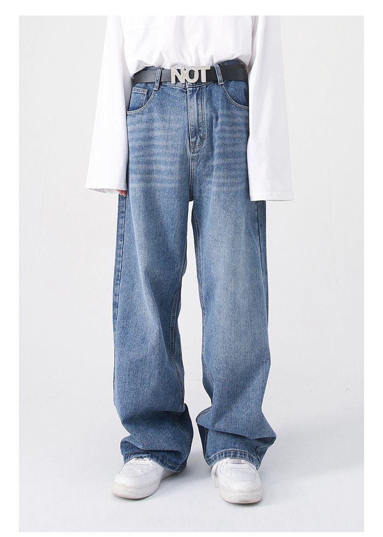 Nirben Denim | Basic Walking Volume, Ten Colors Can Be Selected, Loose Semi-elastic Waist Loose Straight Denim Trousers_voghion.com