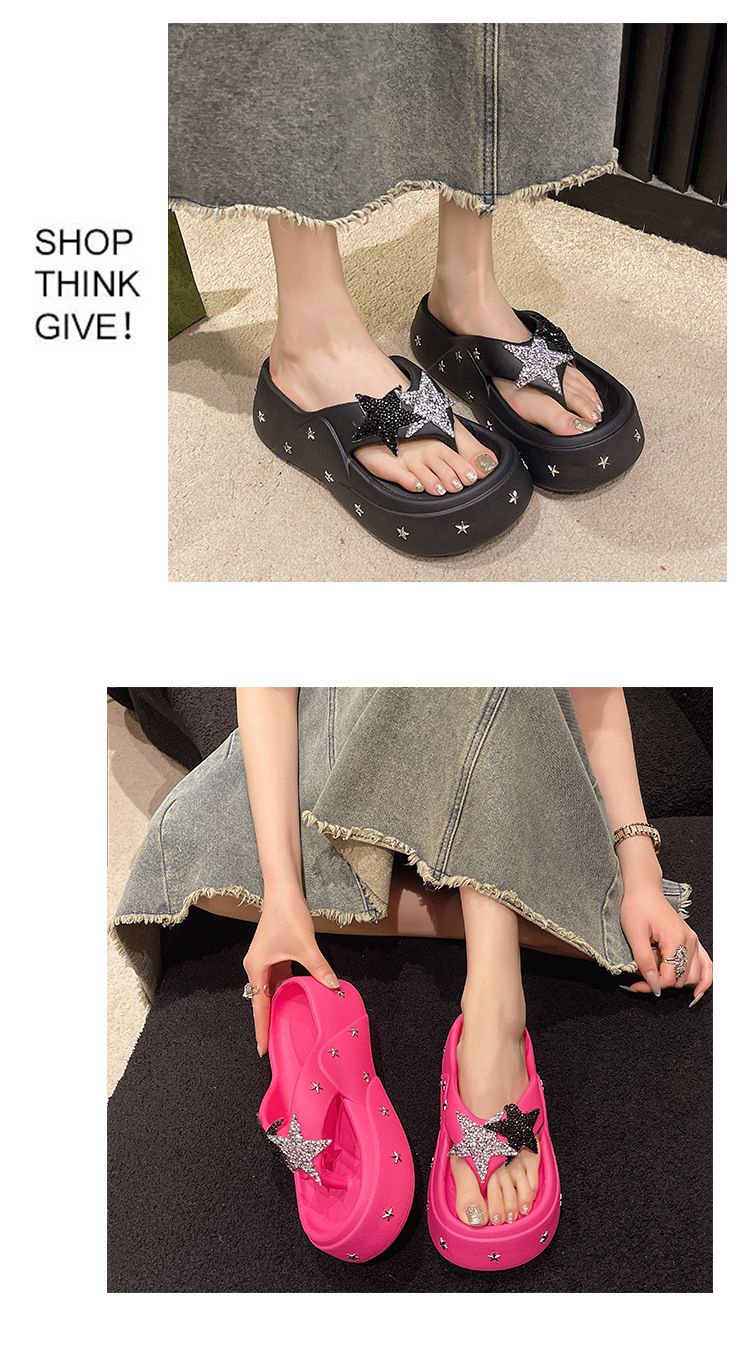 2024 nuove pantofole con suola spessa a forma di stella a cinque punte con strass per donna estate scarpe da spiaggia antiscivolo all'aperto con plateau e tacchi infradito alla moda_voghion.com