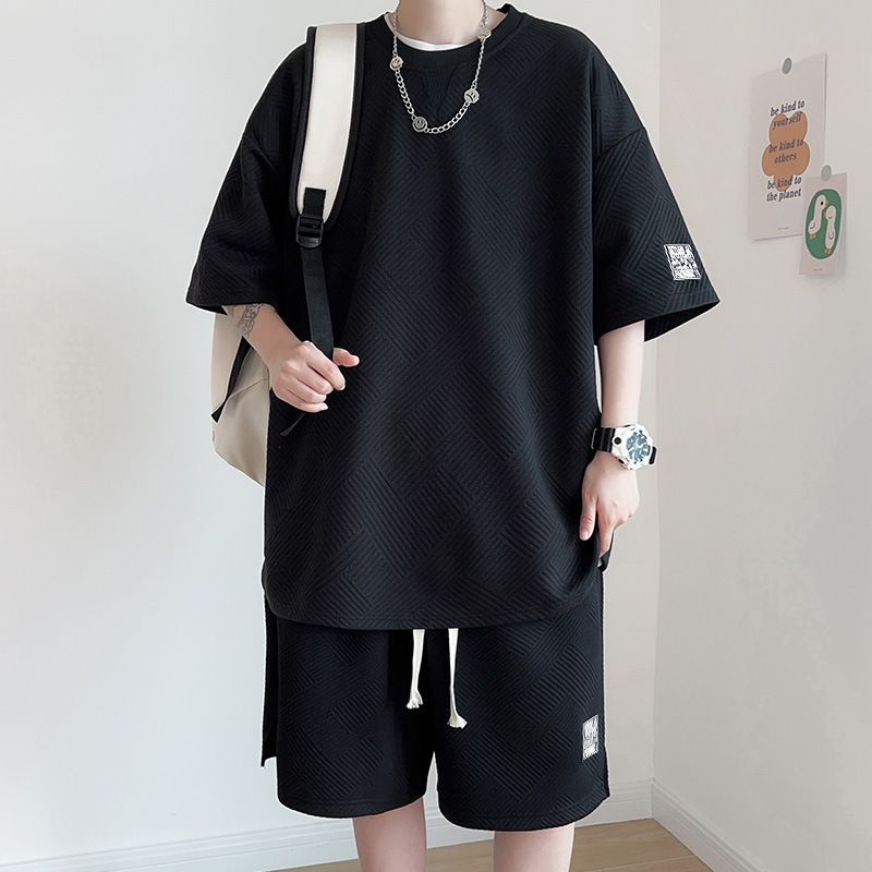 Men's Sports Suit High-End Waffle Texture T-Shirt Shorts Two-Piece Loose Casual Fashion Summer Outfit Trend_voghion.com