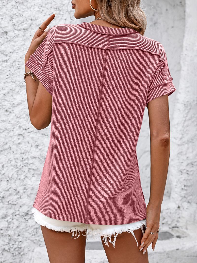 T-shirt da donna a maniche corte con scollo rotondo e vestibilità ampia, con motivo a righe intrecciate e cuciture a vista - Tessuto in maglia di misto cotone traspirante per abbigliamento casual da strada_voghion.com