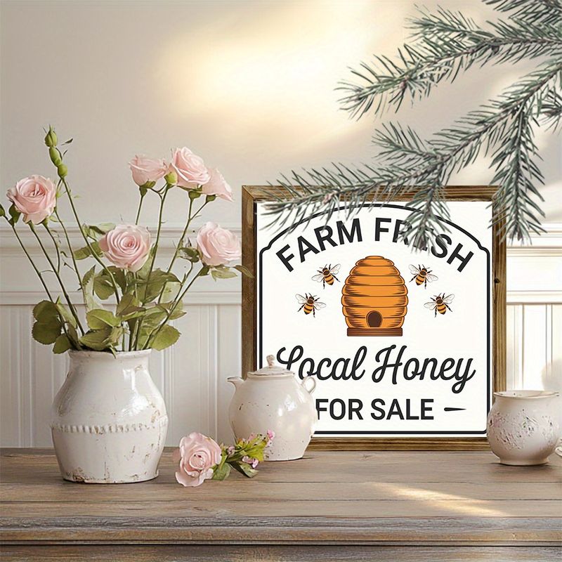 Panneau en bois « 8 x 8 » « Miel frais de la ferme » – Décoration murale/étagère rustique pour cuisine | Cadeau idéal pour les fêtes_voghion.com