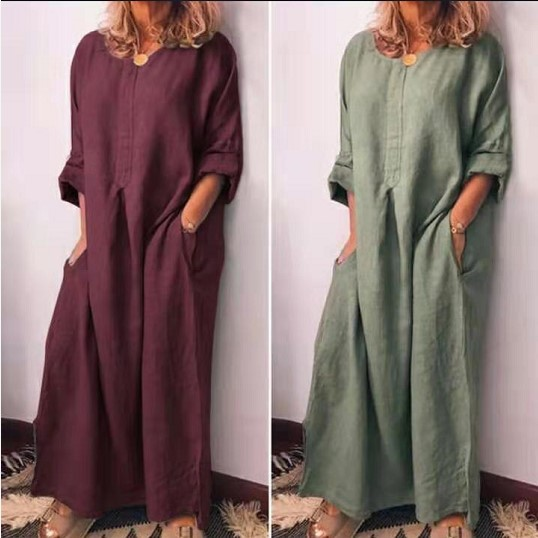 Damen-Kleid aus Baumwolle und Leinen, einfarbig, locker, langärmlig_voghion.com
