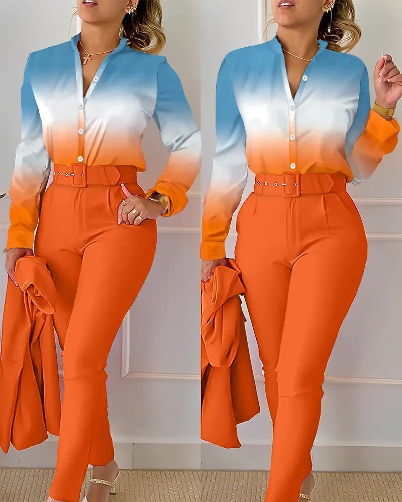 Damenmode-Modedruck-Langarmoberteil einfarbiges Hosenset mit Gürtel_voghion.com