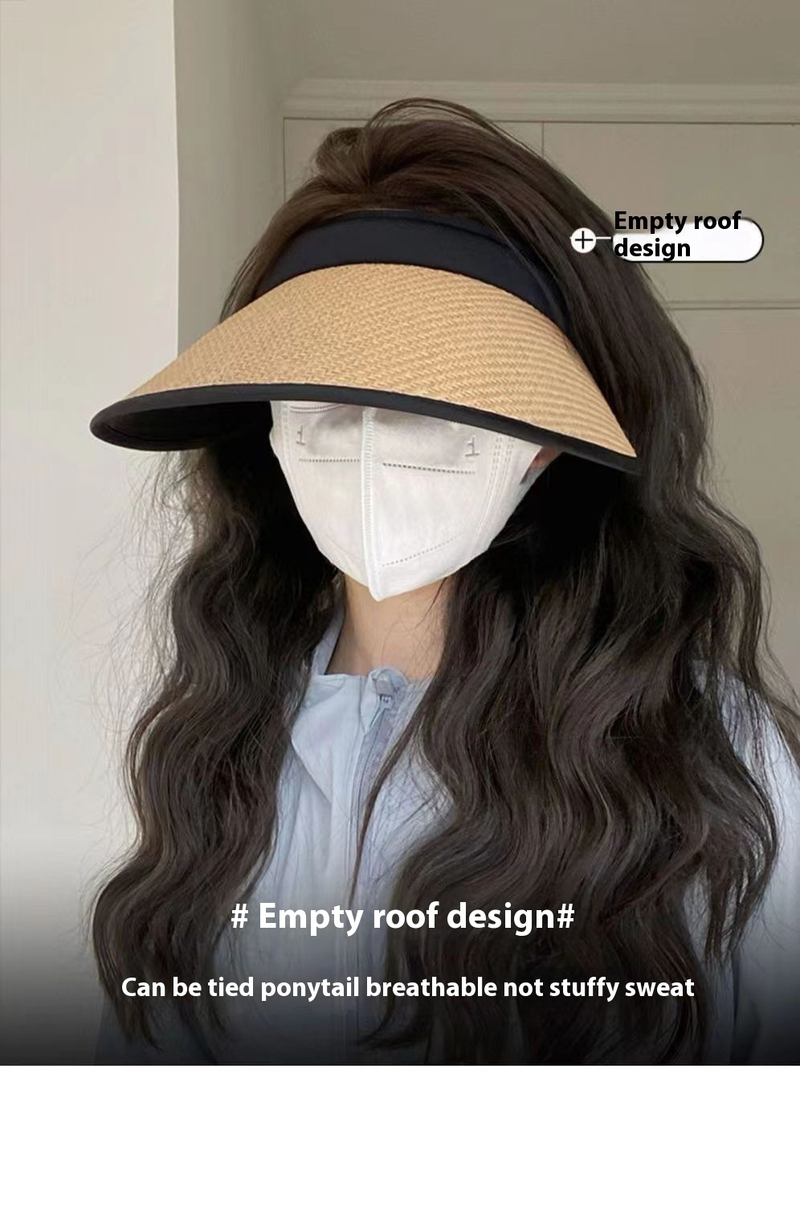 Nouveau chapeau de protection solaire UV japonais pour femmes, grand bord pliable, couvre-visage, vélo, anti-choc, rabattable en caoutchouc noir, chapeau tricoté en paille_voghion.com