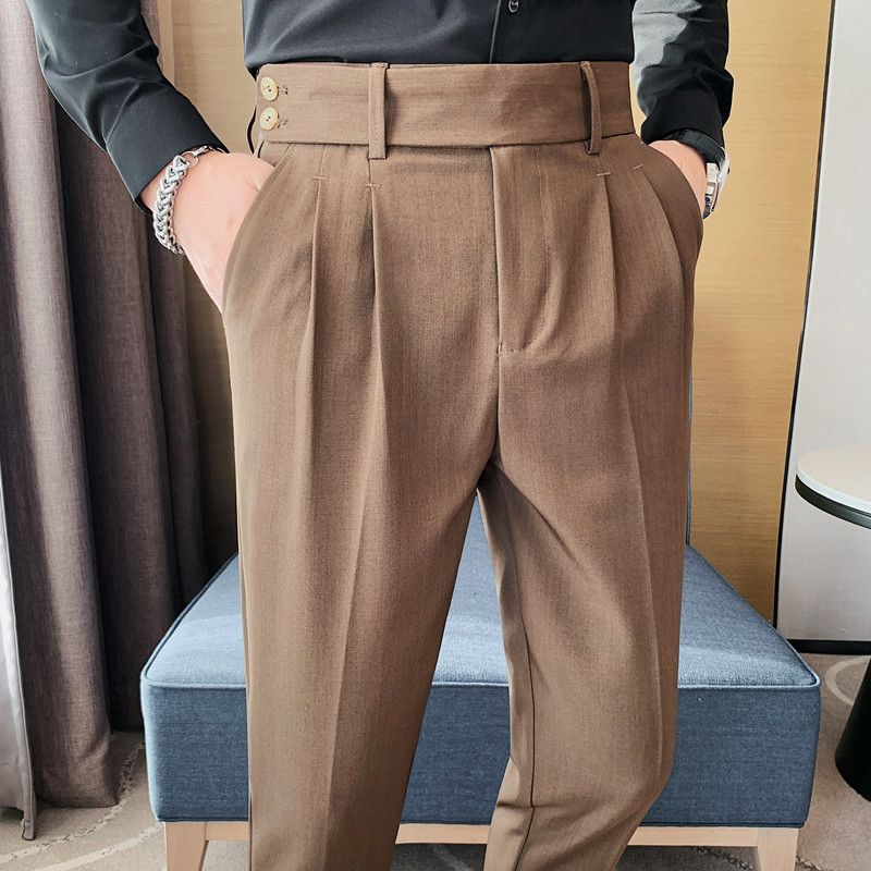 Pantaloni napoletani da uomo nuovi di zecca, in twill strutturato, con vita a pieghe, design casual a nove punte, vita media e alta_voghion.com