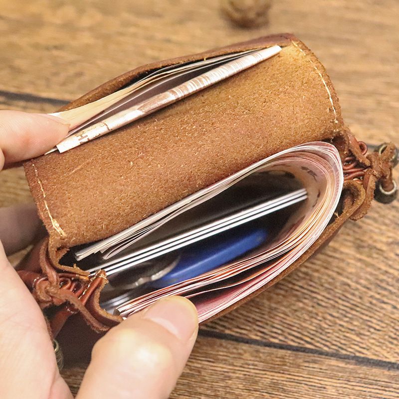 Portamonete conciato al vegetale tinto a mano per donna, portachiavi in vera pelle di vacchetta con strato superiore in stile cinese, auricolare_voghion.com