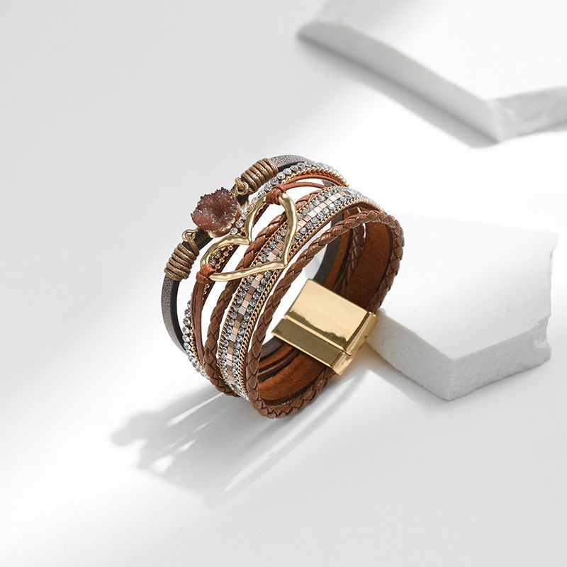 Set di bracciali a strati bohémien - Bracciale rigido regolabile a cuore aperto e catena con perline_voghion.com