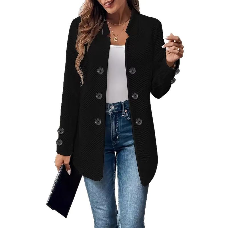 Fall/Winter Women's Elegant Blazer – Oversized Three-Button Long Sleeve Jacket With Stand Collar (Black/White/Gray, S-XXL)_voghion.com