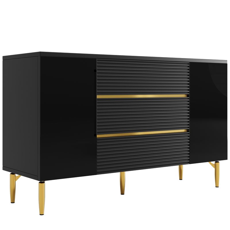 Kommode Schwarz Mit Kariertem Schubladendesign, Goldverzierung_voghion.com