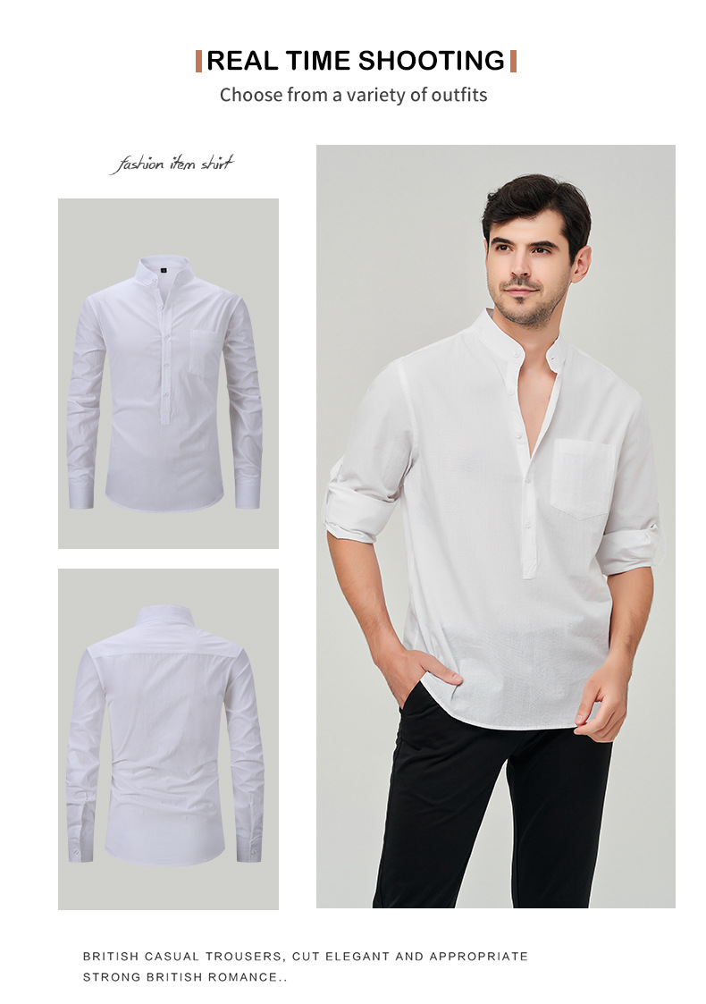 Abbigliamento Uomo Camicia Camicia Henry in cotone da uomo Camicia in lino con collo alto Camicia a maniche lunghe da uomo_voghion.com