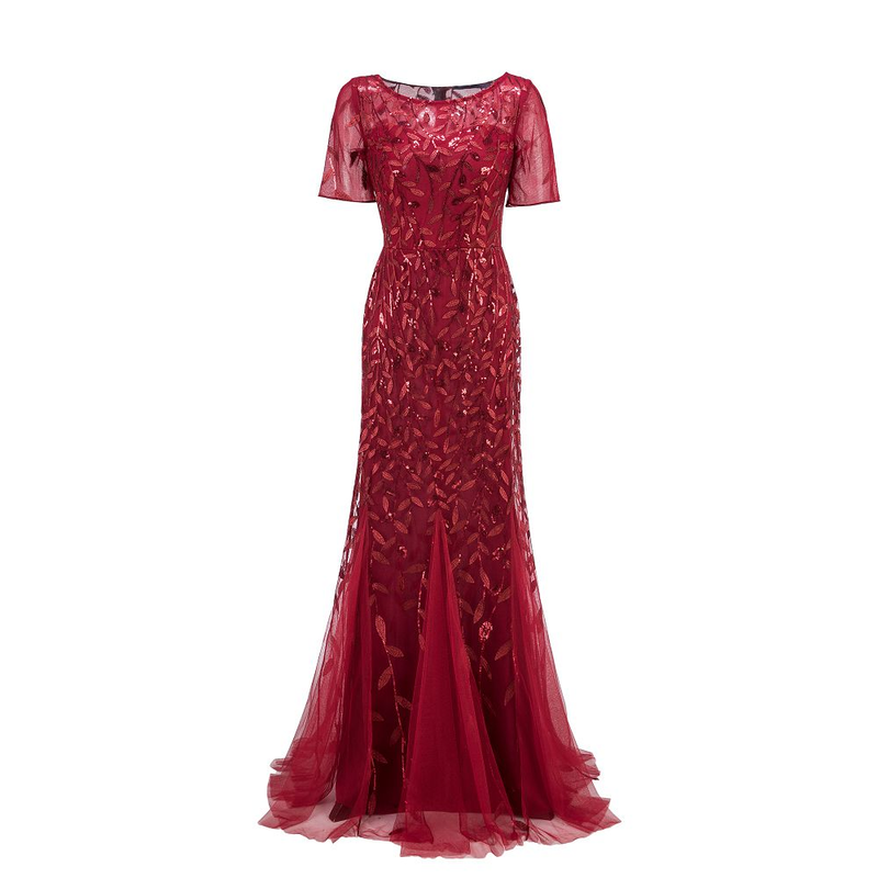 Plus Size Evening Dresses Mermaid O Neck Short Sleeve Lace Appliques Tulle Long Party Gown Robe Soiree Sexy Formal Dress Vestido_voghion.com