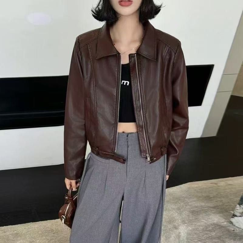 Veste courte en cuir ample à col rabattu pour femme, style haut de gamme, nouvelle collection 2025_voghion.com