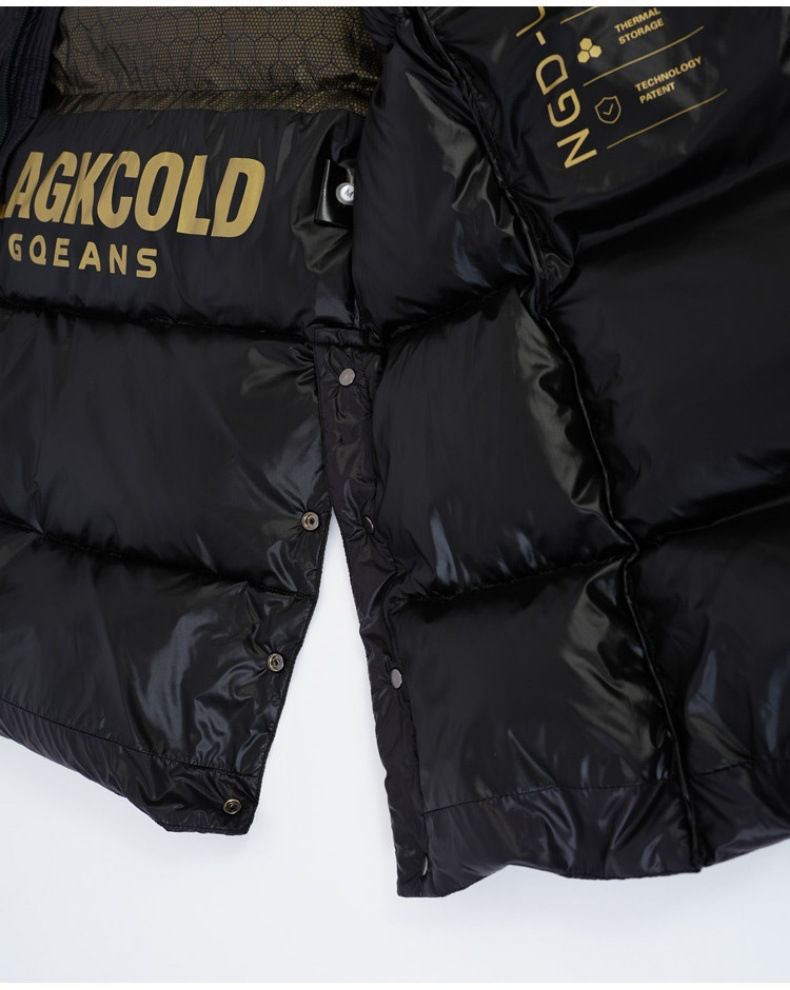 Casaco parka longo unissex premium em plumas de ganso pretas e douradas com capuz removível (96% penas de ganso brancas, 5 tamanhos)_voghion.com