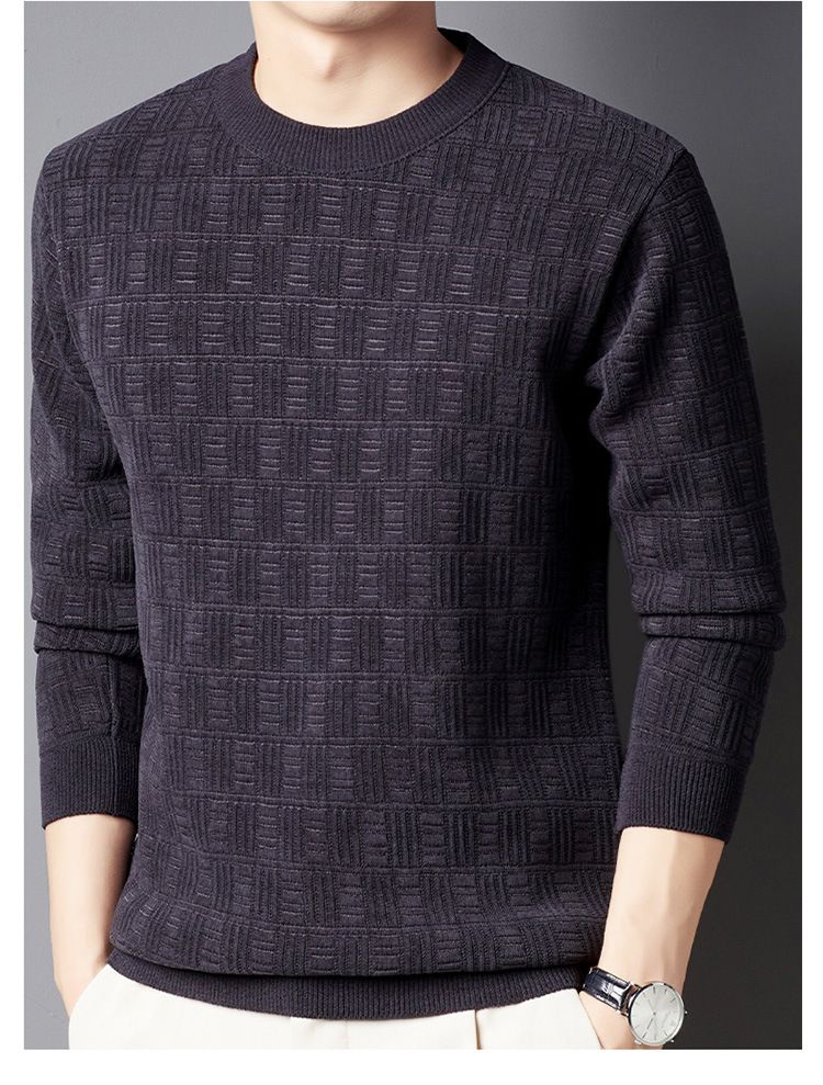 Herrenbekleidung Winterpullover für Herren Plus Samt Verdickter Jacquard-Karos All-in-One-Samt Warmes Oberteil Einfarbiger Rundhalspullover_voghion.com