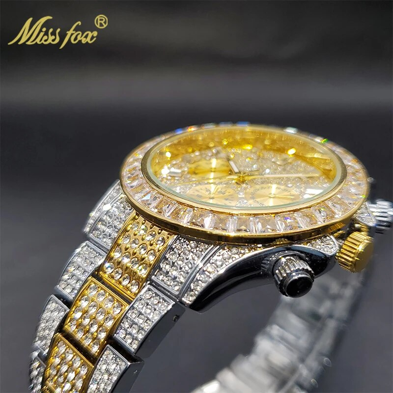 MISSFOX hommes montres de luxe grand boîtier avec Baguette plein diamant Quartz montre-bracelet chronographe calendrier montre_voghion.com