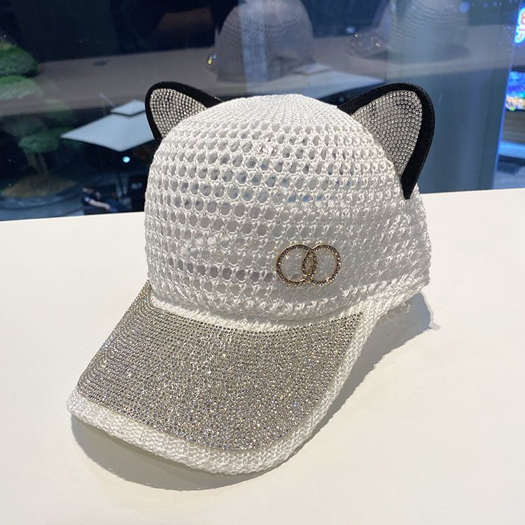 Pige Sød Kanin Øre Vand Diamant Hul Andetunge Sommer Åndbar Mesh Strikket Mode Solsejl Forælder Barn Hat_voghion.com