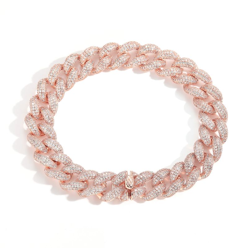 Colar Hip Hop Unissex com Corrente Bolha de 12mm, Corrente Cubana com 4 Fileiras de Zircônia, Ouro Rosa, Masculino e Feminino, Hip Hop, Tendência Simples_voghion.com