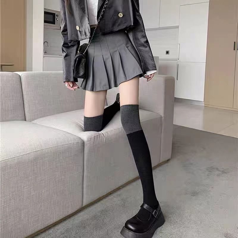 Calzini lunghi a tubo neri e grigi con cuciture, autunnali e invernali, da donna, sopra il ginocchio, con belle gambe, calzini al polpaccio, alla moda, per un aspetto sottile._voghion.com
