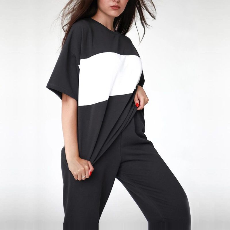 T-Shirt und Jogginghose in Kontrastfarbe – Atmungsaktives Kurzarm-T-Shirt und Loungehose mit entspannter Passform (Khaki/Schwarz/Grau, S-XL)_voghion.com