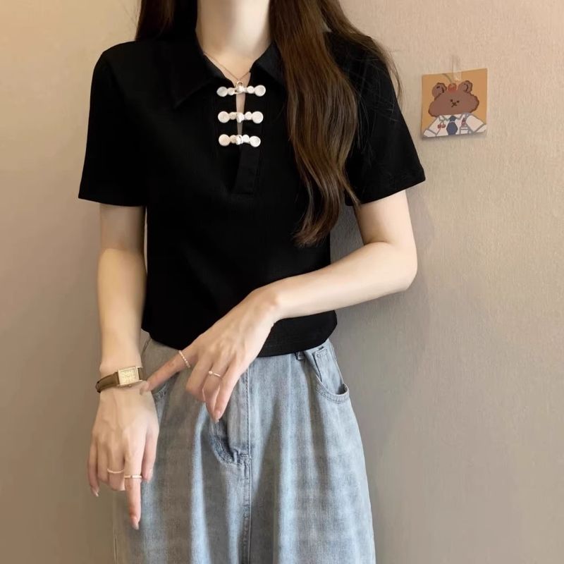 New buckle Chinese style sleeved T-shirt for women in summer 2024, covering the belly and showing off thinness, short_voghion.com