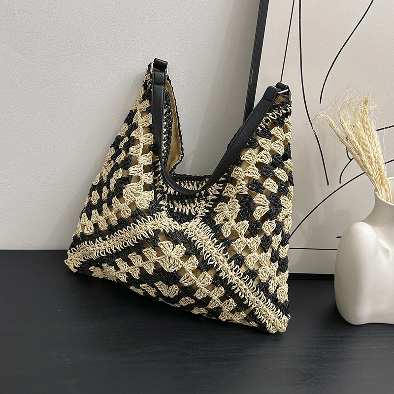 Borsa a tracolla di paglia intrecciata da donna popolare, borsa di medie dimensioni con manico per le vacanze al mare_voghion.com