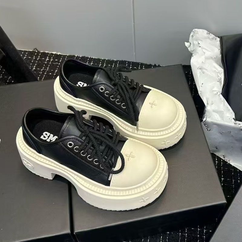 Su Yinyin 7 cm runde Zehenpartie aus Segeltuch für Damen SMFK Cross Dicke Sohle für kleine Menschen Panda Big Head Derby-Schuhe_voghion.com