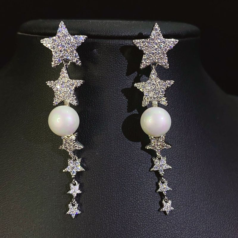 Gradient Star Earrings, Light Trendy, Micro Set With Zircon, Elegant Long Style Tassel Pearls, Thin And Round_voghion.com