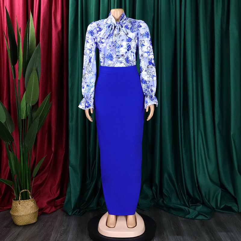 Dameskleding Mode Bedrukt Strappy Shirt met Lange Mouwen Rok Lange Rok Tweedelige Set_voghion.com