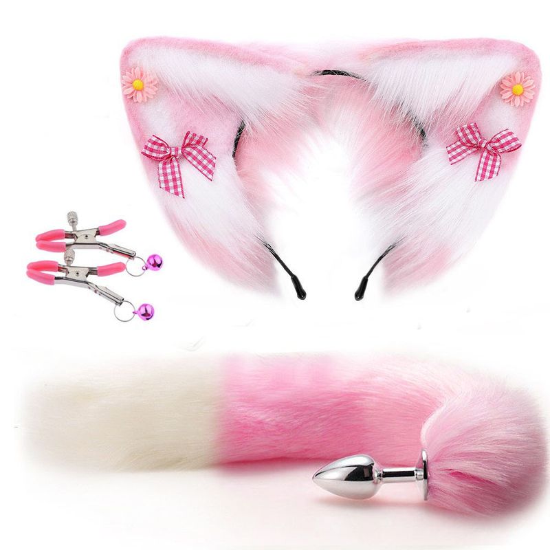 Yanse Sexy Peloso Orecchie di Gatto Colorate Coda di Volpe Lunga in Acciaio Inox Plug in Metallo Set Erotico Cosplay Lesbico Sesso Anale Plug per Donna_voghion.com