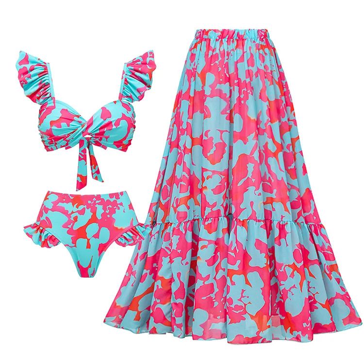 Bikini-Set mit hoher Taille für Damen – Zweiteiliger Badeanzug mit Rüschenmuster, geteiltes Design für den Strandurlaub_voghion.com