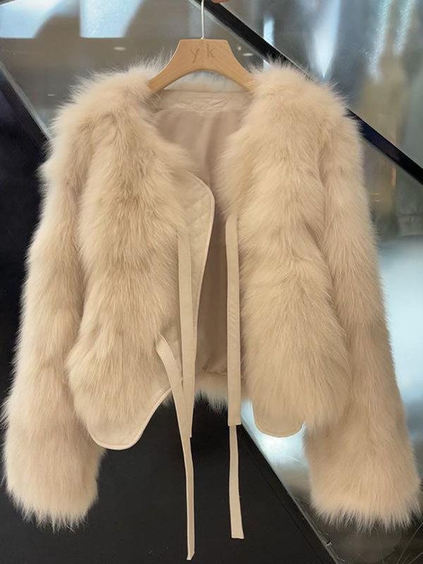 Luxuriöse, taillierte Lederjacke mit Kunstfuchspelzbesatz – schicker Kurzmantel für Damen, modische Winteroberbekleidung (Beige, Schwarz, Creme, Latte)_voghion.com