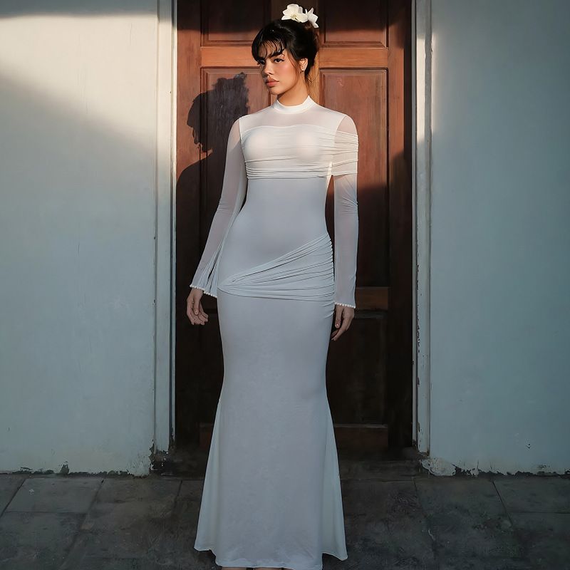 Elegante abito a maniche lunghe con pannello in rete – Abito aderente a vita alta con dettagli trasparenti (S-L, bianco/giallo, femminile e chic)_voghion.com