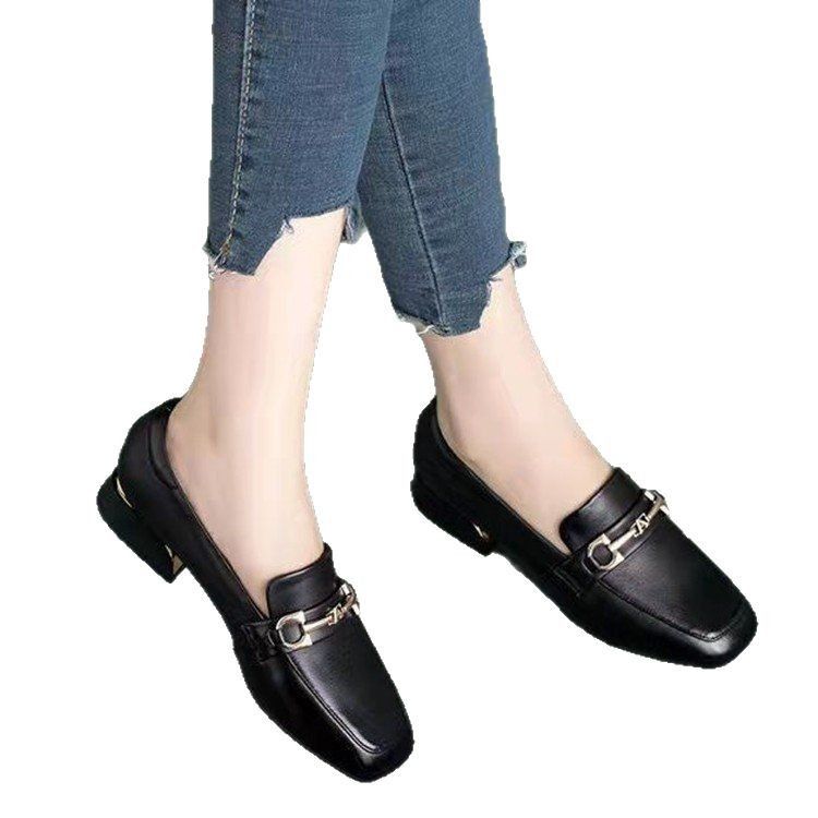 Soft-soled Loafers Women's Square Head Shallow Mouth Single Shoes Women's One-pedal Small Leather Shoes Square Heel British Style_voghion.com