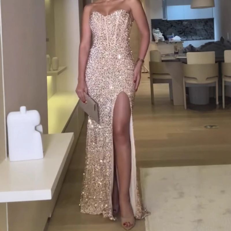 Women's Clothing Illusionary Sequins Back Tie Corset style Side Slit Tube Top Herringbone Evening Dress_voghion.com