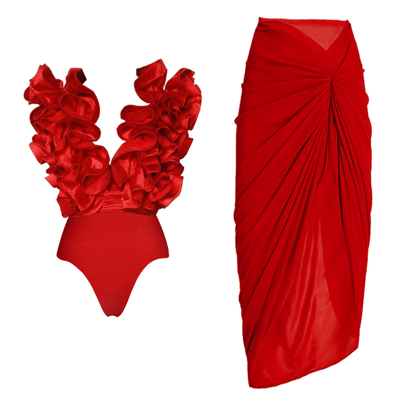 Maillot de bain en dentelle pour femme avec jupe irrégulière et col en V_voghion.com