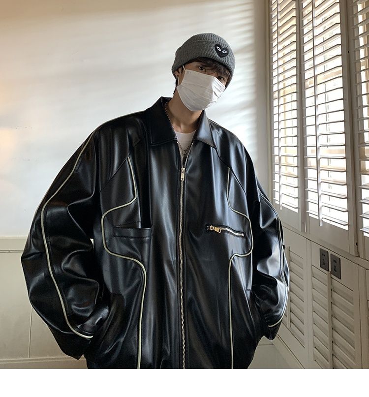 Veste en cuir noir rétro américaine Hue pour homme, collection printemps-automne, idéale pour la moto._voghion.com