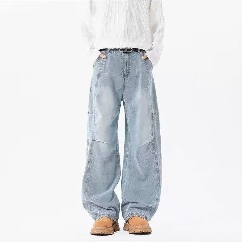 FUIV American High Street Jeans fir Hären Fréijoer Pinch Fold Breetbeen Loose Riicht Tube Gewaschen Rascal Schéin Casual Hosen_voghion.com