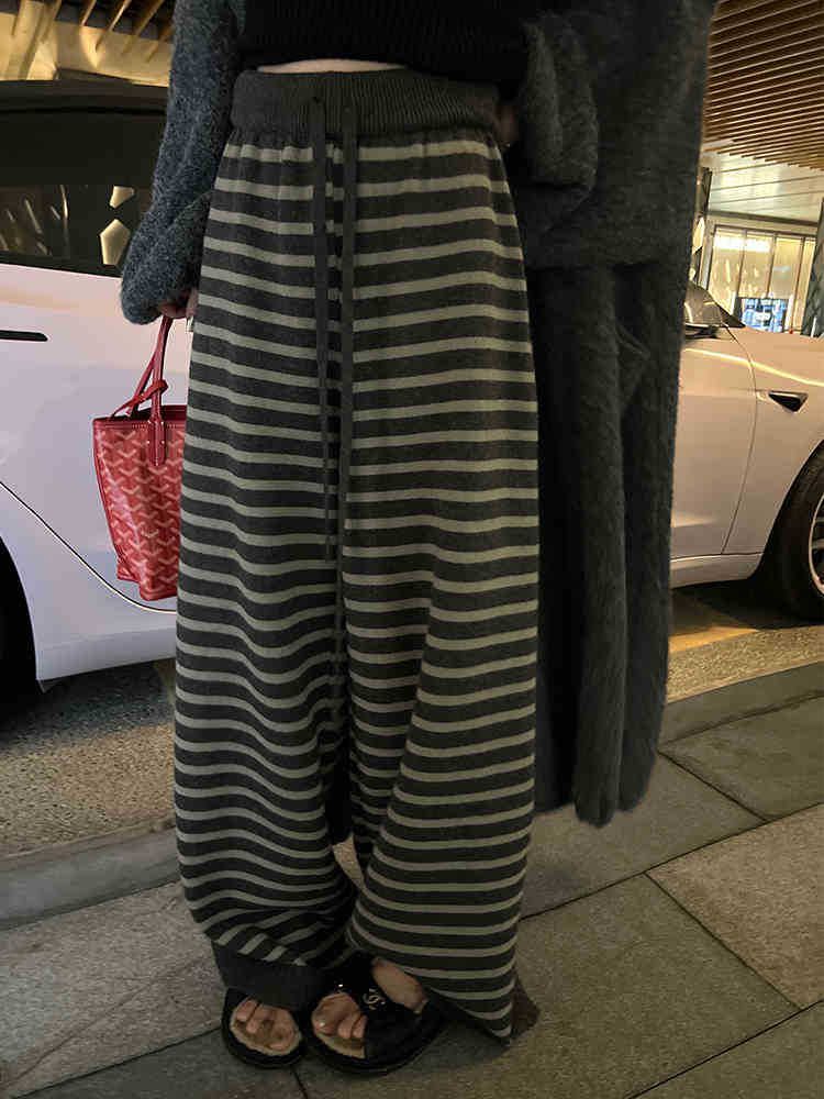 Pantalones de punto a rayas de alta gama para mujer, gruesos, cálidos, cómodos y informales, para otoño e invierno._voghion.com
